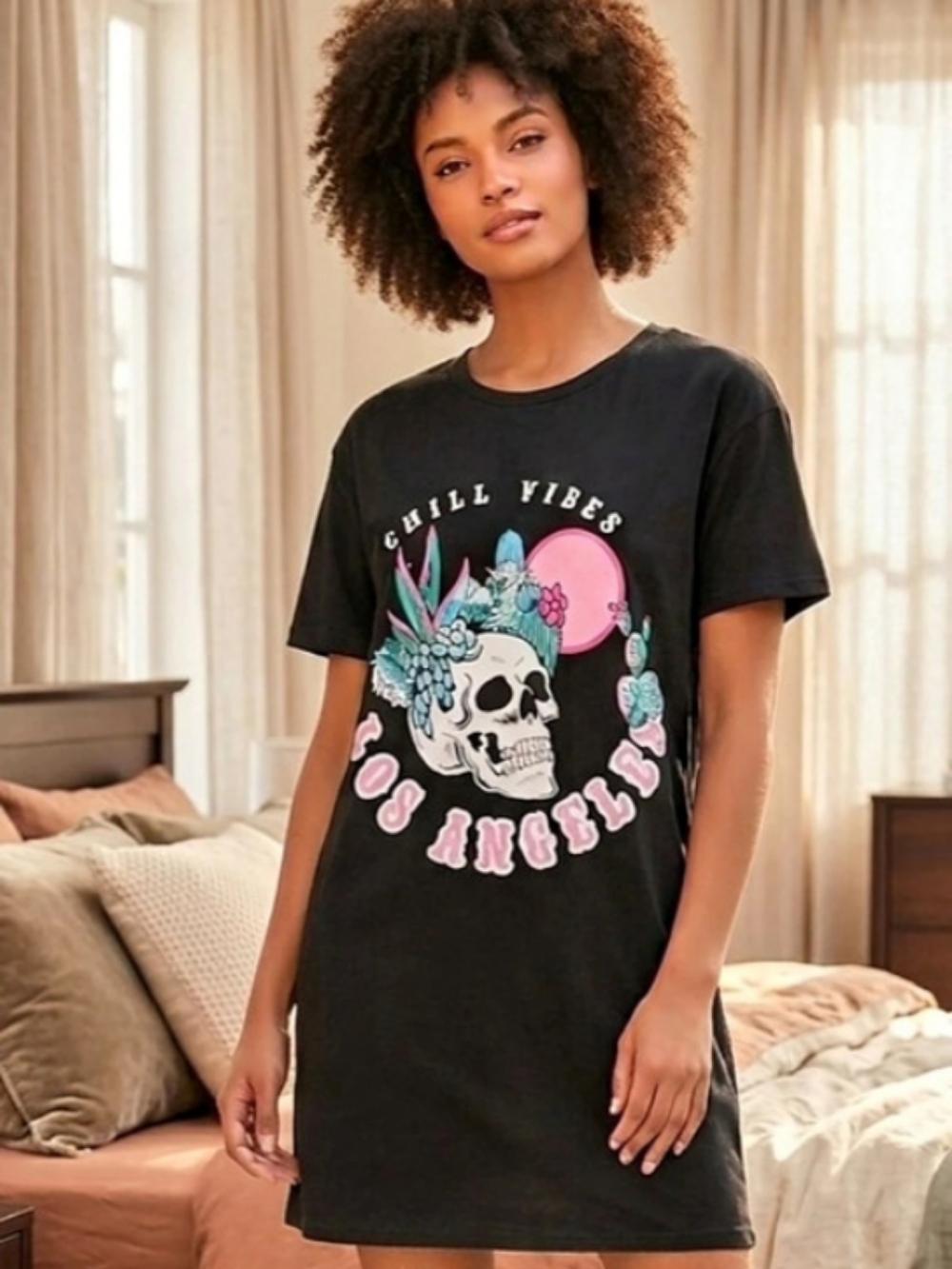 rue21 Graphic Skull Sleep Tee in Black & Pink Size Medium